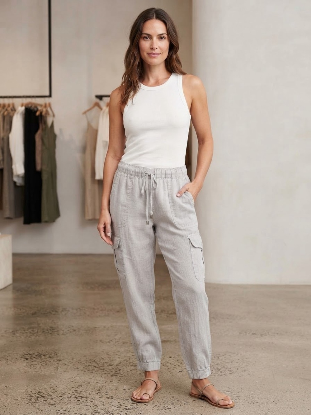 Nicole Miller Light Gray Cargo Joggers with Drawstring